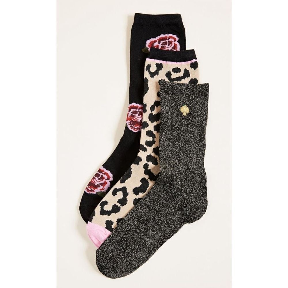Kate Spade Crew Socks 3 Pairs Leopard Cheetah Rose Flowers Shimmer Sparkle OS